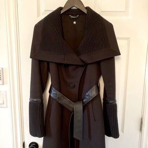 Mackage 100% wool and genuine leather trim, asymmetrical coat.